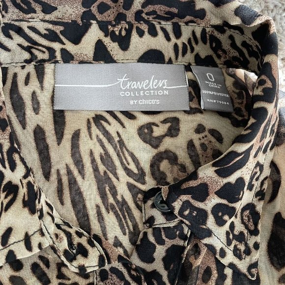Chicos Travelers Button Down Animal Print Long Sleeve 0 (S) Cheetah Sheer Shirt - Picture 2 of 6